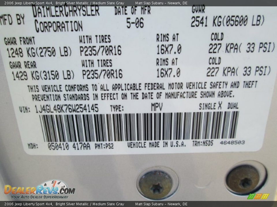 2006 Jeep Liberty Sport 4x4 Bright Silver Metallic / Medium Slate Gray Photo #28