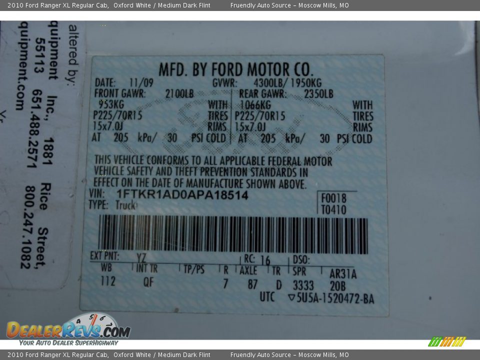 2010 Ford Ranger XL Regular Cab Oxford White / Medium Dark Flint Photo #22