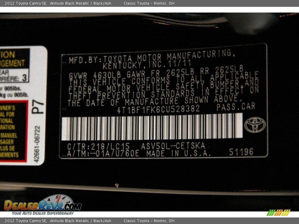 2012 Toyota Camry SE Attitude Black Metallic / Black/Ash Photo #18