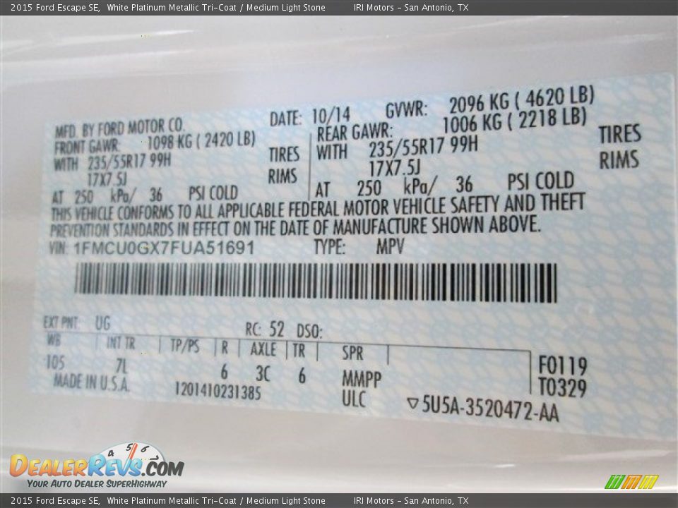 2015 Ford Escape SE White Platinum Metallic Tri-Coat / Medium Light Stone Photo #15