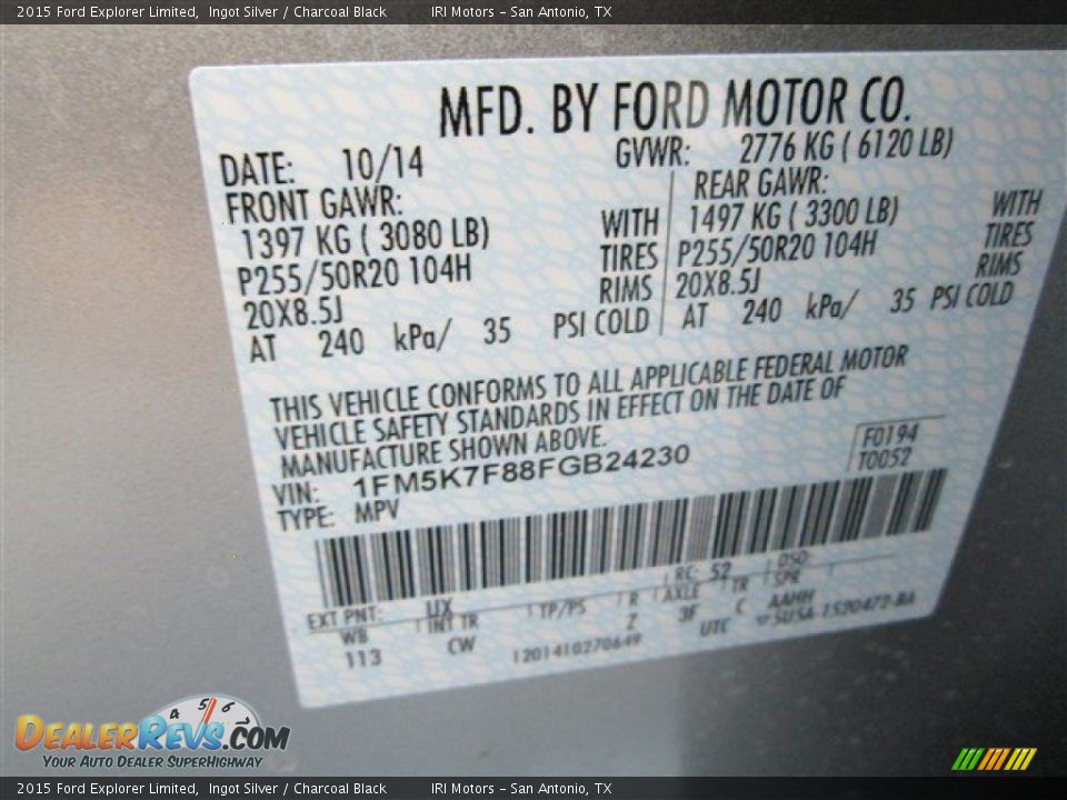 2015 Ford Explorer Limited Ingot Silver / Charcoal Black Photo #18