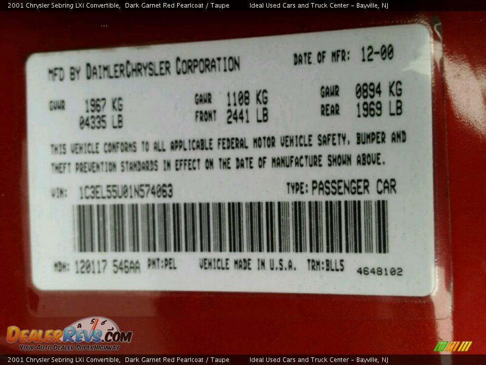 2001 Chrysler Sebring LXi Convertible Dark Garnet Red Pearlcoat / Taupe Photo #21