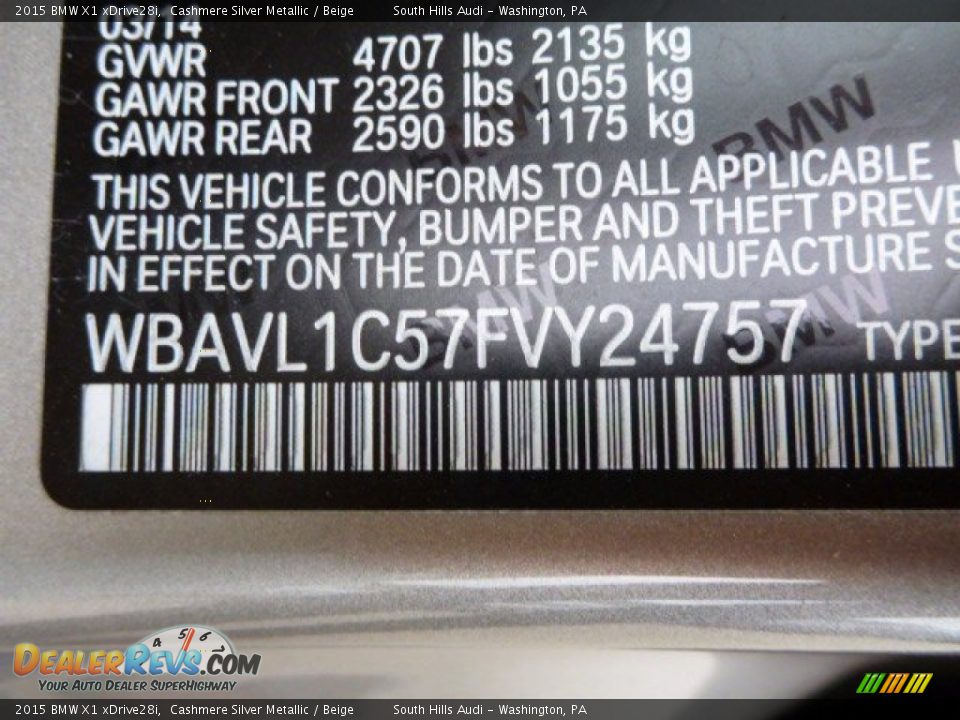 2015 BMW X1 xDrive28i Cashmere Silver Metallic / Beige Photo #14