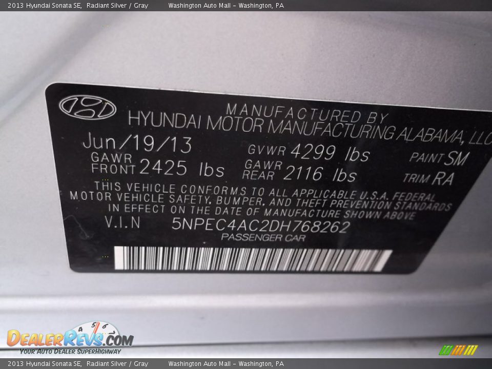2013 Hyundai Sonata SE Radiant Silver / Gray Photo #19