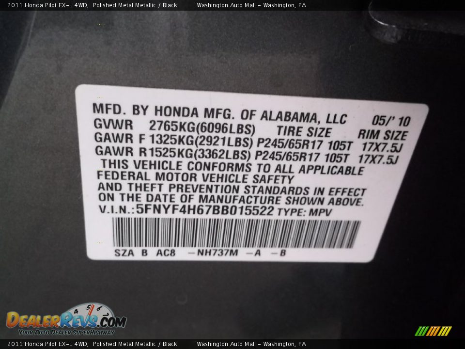 2011 Honda Pilot EX-L 4WD Polished Metal Metallic / Black Photo #19