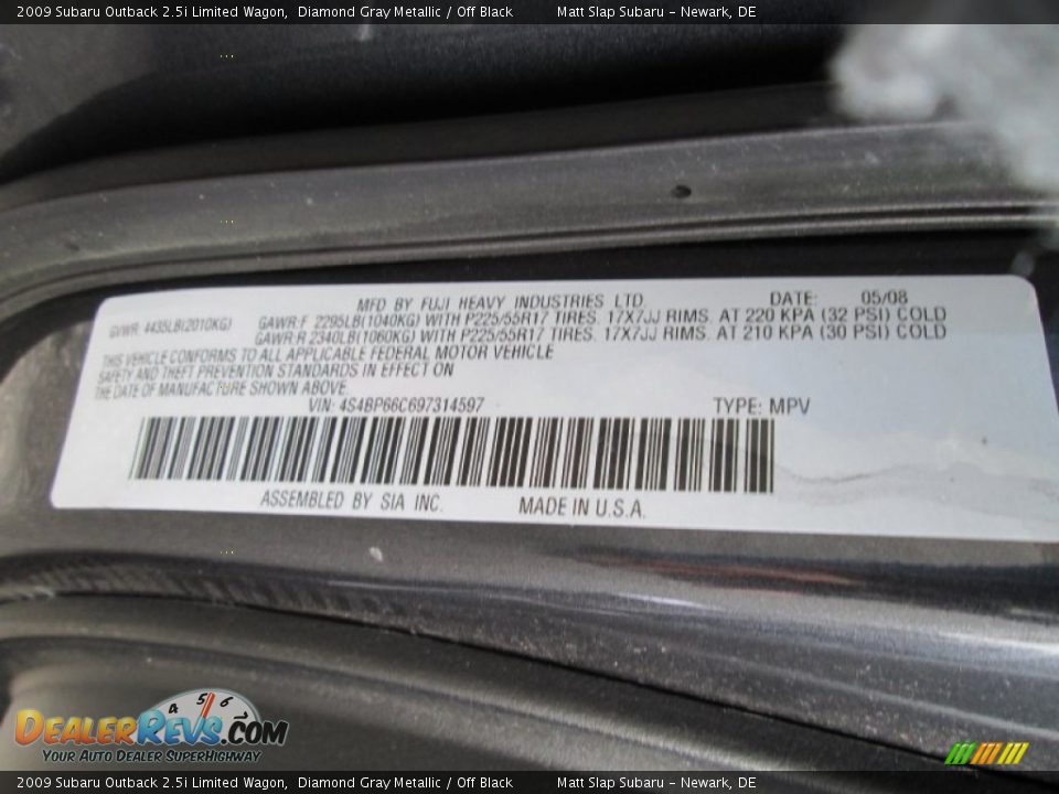 2009 Subaru Outback 2.5i Limited Wagon Diamond Gray Metallic / Off Black Photo #29