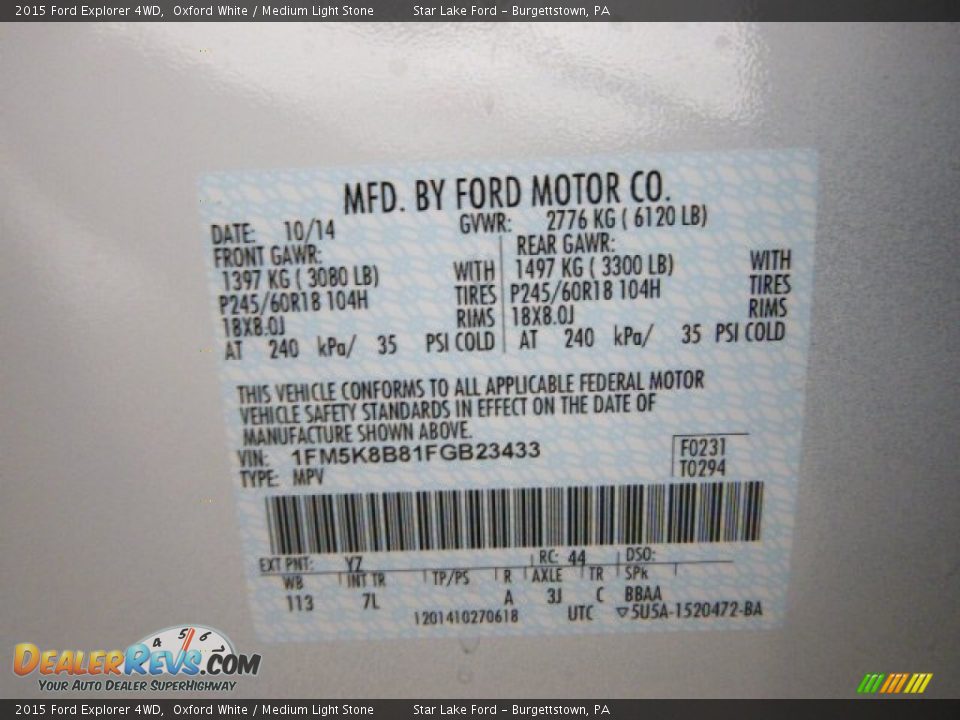 2015 Ford Explorer 4WD Oxford White / Medium Light Stone Photo #20