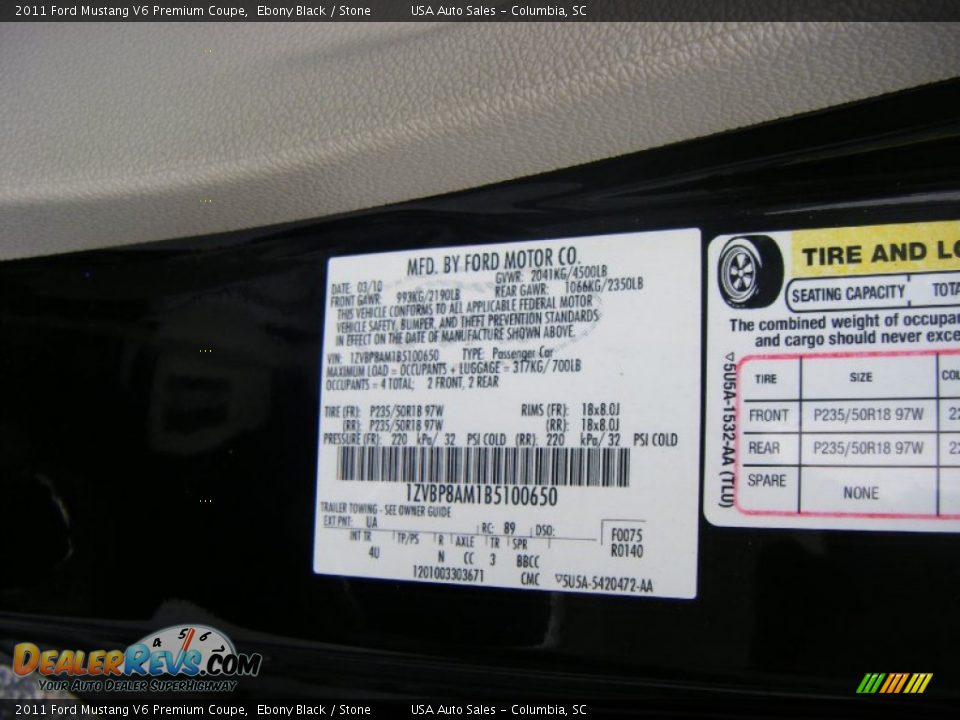 2011 Ford Mustang V6 Premium Coupe Ebony Black / Stone Photo #18