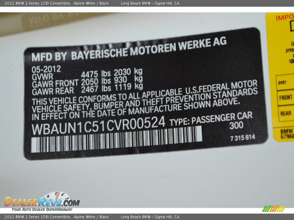 2012 BMW 1 Series 128i Convertible Alpine White / Black Photo #11
