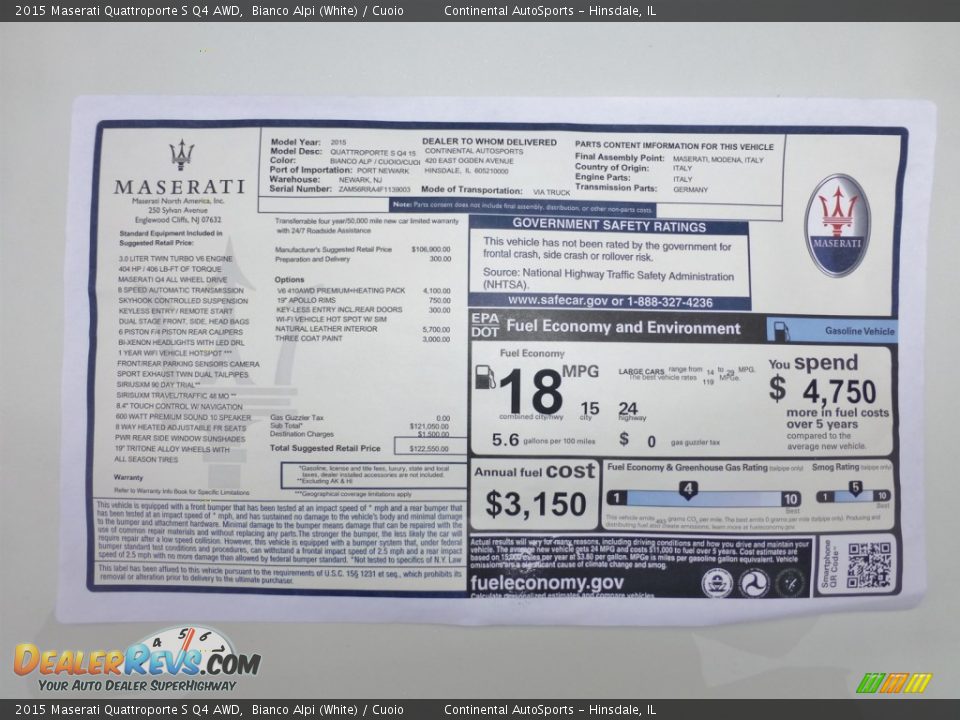 2015 Maserati Quattroporte S Q4 AWD Window Sticker Photo #12