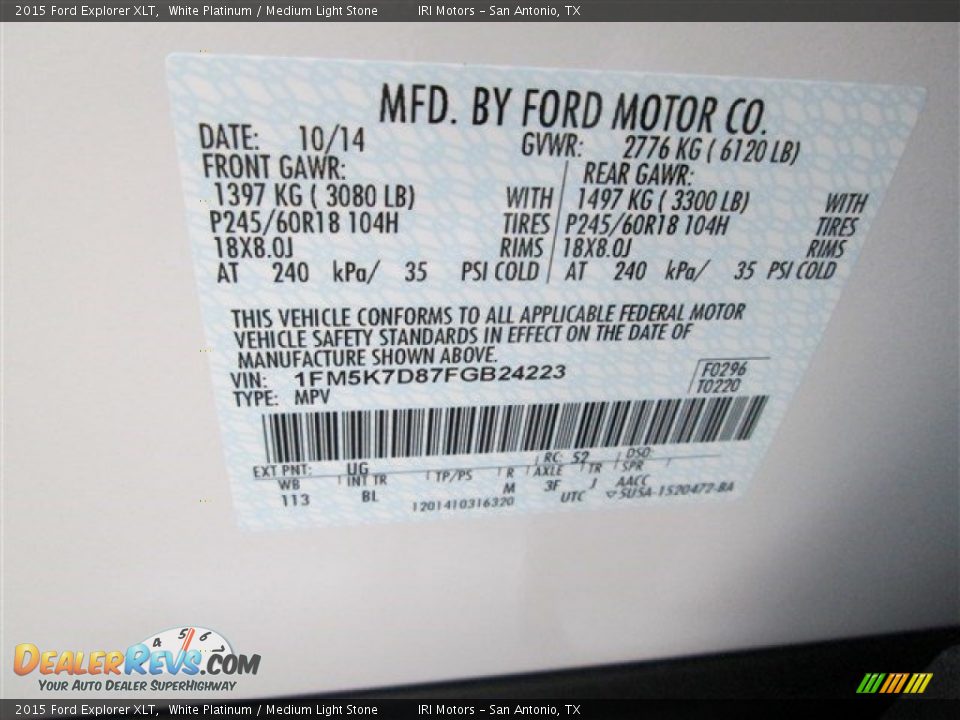 2015 Ford Explorer XLT White Platinum / Medium Light Stone Photo #18