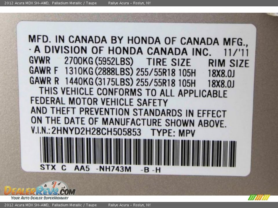 2012 Acura MDX SH-AWD Palladium Metallic / Taupe Photo #17