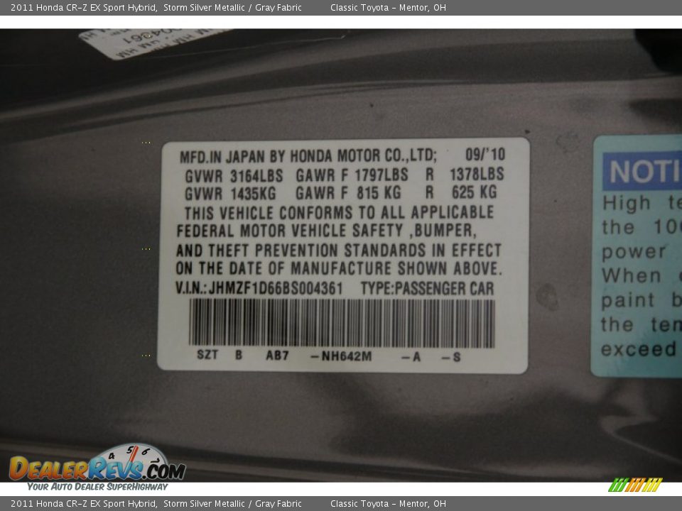 2011 Honda CR-Z EX Sport Hybrid Storm Silver Metallic / Gray Fabric Photo #25