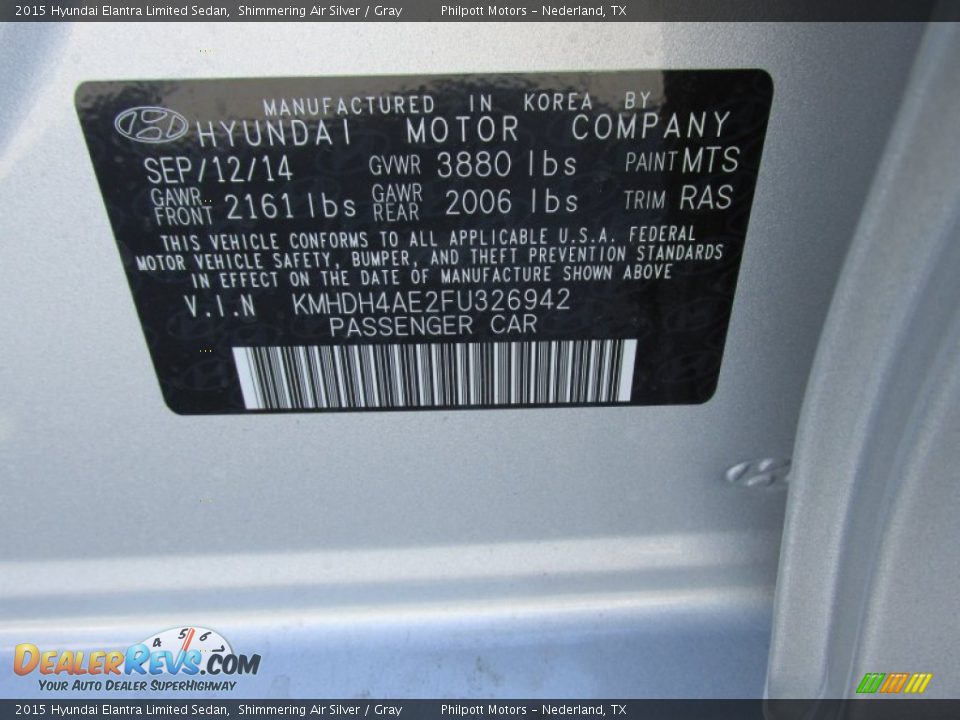 2015 Hyundai Elantra Limited Sedan Shimmering Air Silver / Gray Photo #35