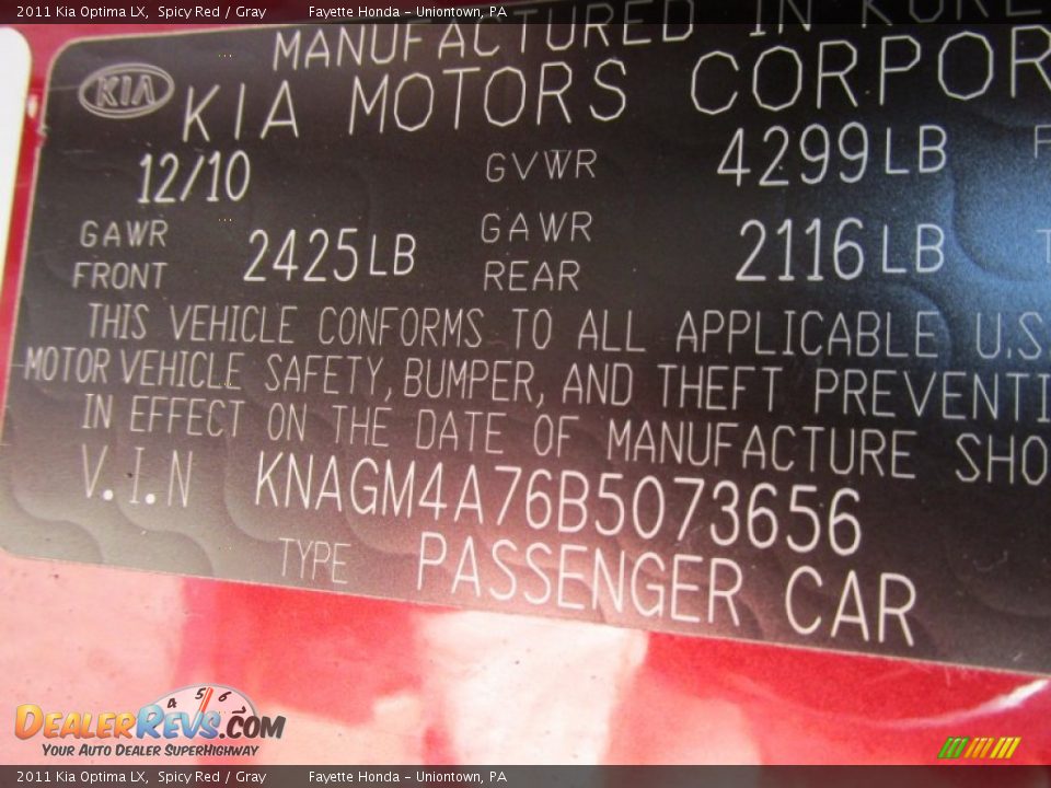 2011 Kia Optima LX Spicy Red / Gray Photo #9
