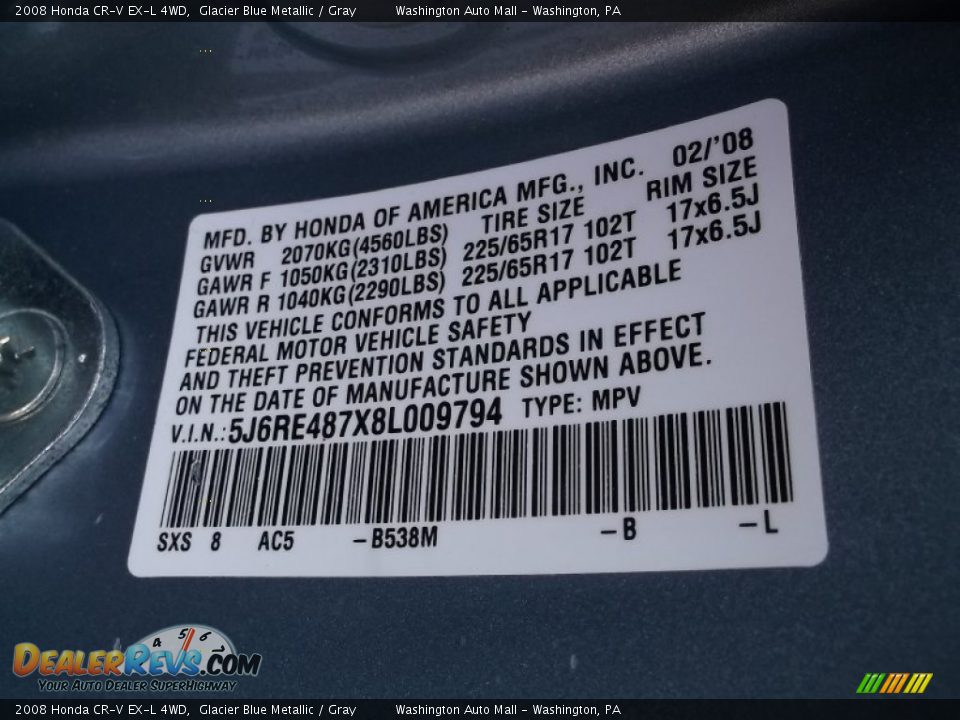 2008 Honda CR-V EX-L 4WD Glacier Blue Metallic / Gray Photo #19