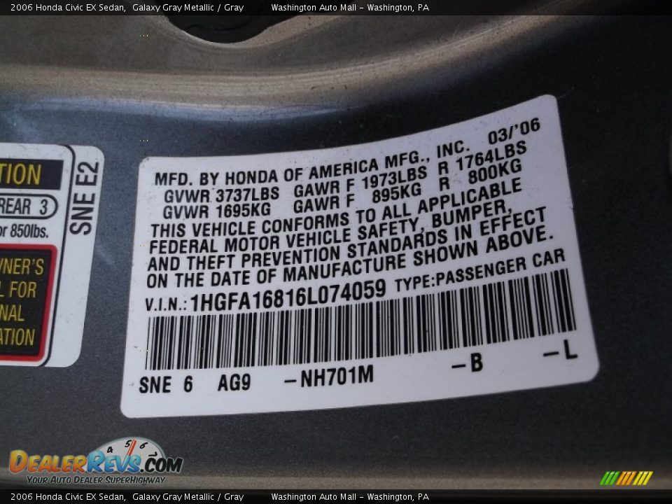 2006 Honda Civic EX Sedan Galaxy Gray Metallic / Gray Photo #19