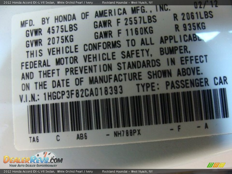 2012 Honda Accord EX-L V6 Sedan White Orchid Pearl / Ivory Photo #32