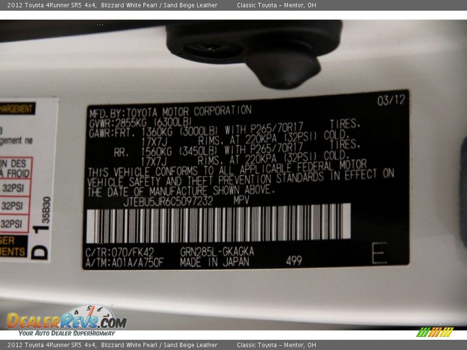 2012 Toyota 4Runner SR5 4x4 Blizzard White Pearl / Sand Beige Leather Photo #23