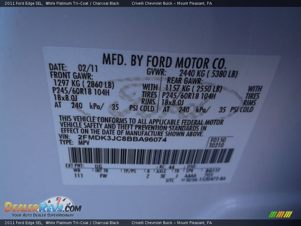 2011 Ford Edge SEL White Platinum Tri-Coat / Charcoal Black Photo #34