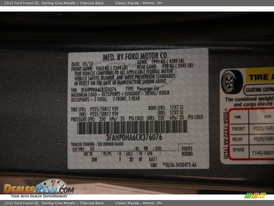 2012 Ford Fusion SE Sterling Grey Metallic / Charcoal Black Photo #15