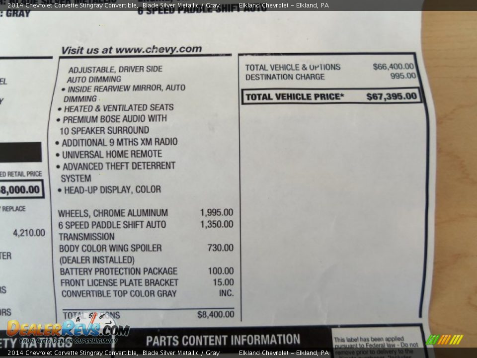 2014 Chevrolet Corvette Stingray Convertible Window Sticker Photo #20