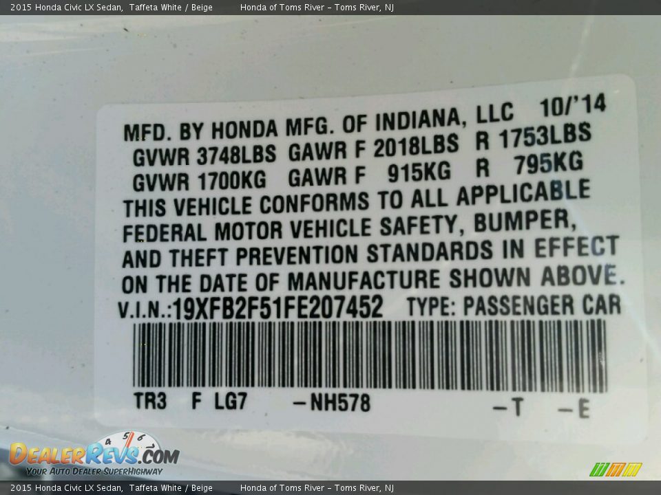 2015 Honda Civic LX Sedan Taffeta White / Beige Photo #4