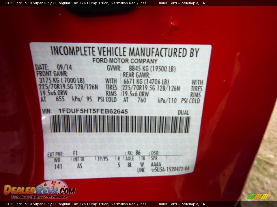 2015 Ford F550 Super Duty XL Regular Cab 4x4 Dump Truck Vermillion Red / Steel Photo #20