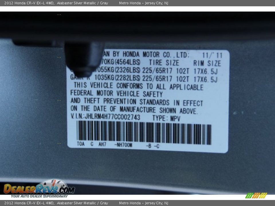 2012 Honda CR-V EX-L 4WD Alabaster Silver Metallic / Gray Photo #33