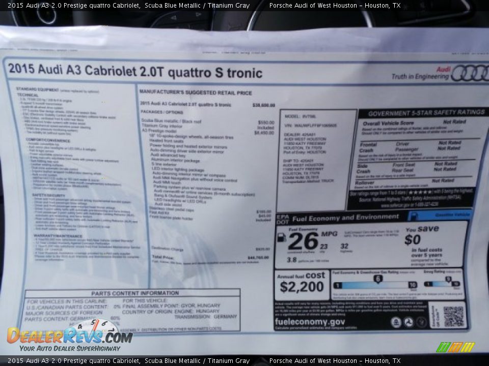 2015 Audi A3 2.0 Prestige quattro Cabriolet Scuba Blue Metallic / Titanium Gray Photo #24