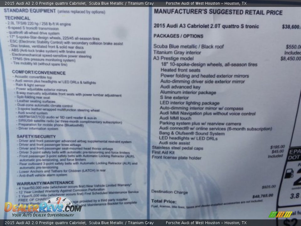 2015 Audi A3 2.0 Prestige quattro Cabriolet Scuba Blue Metallic / Titanium Gray Photo #25