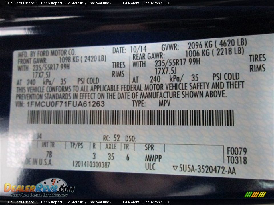 2015 Ford Escape S Deep Impact Blue Metallic / Charcoal Black Photo #11