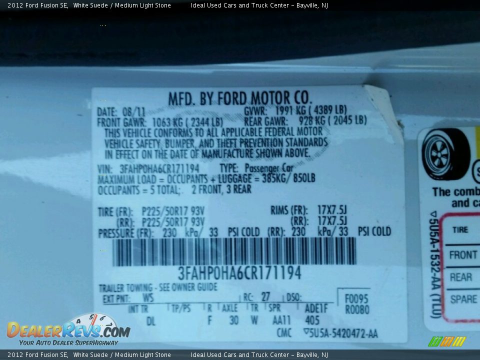 2012 Ford Fusion SE White Suede / Medium Light Stone Photo #25