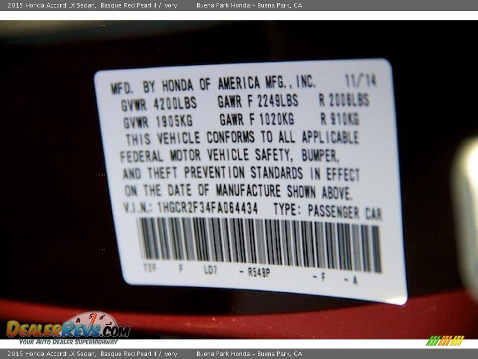 2015 Honda Accord LX Sedan Basque Red Pearl II / Ivory Photo #20