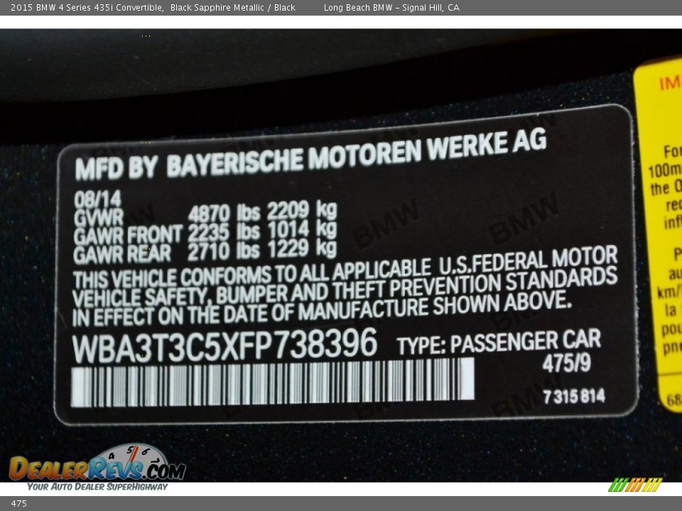 BMW Color Code 475 Black Sapphire Metallic