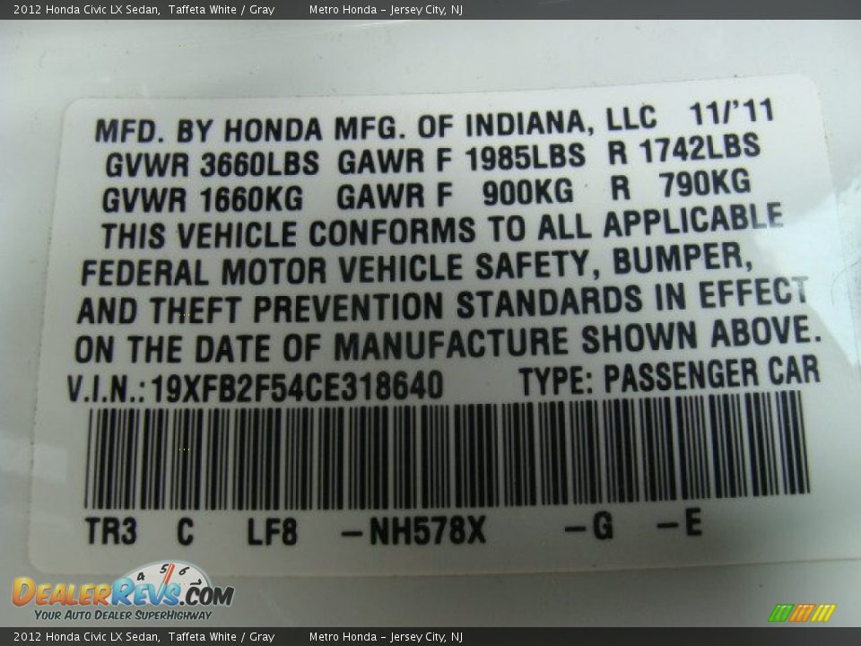 2012 Honda Civic LX Sedan Taffeta White / Gray Photo #30