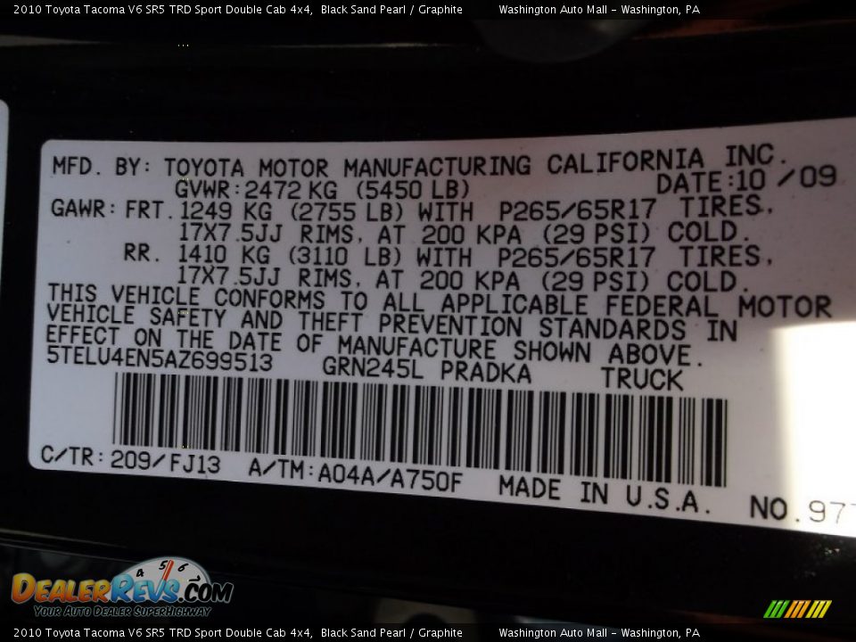 2010 Toyota Tacoma V6 SR5 TRD Sport Double Cab 4x4 Black Sand Pearl / Graphite Photo #19