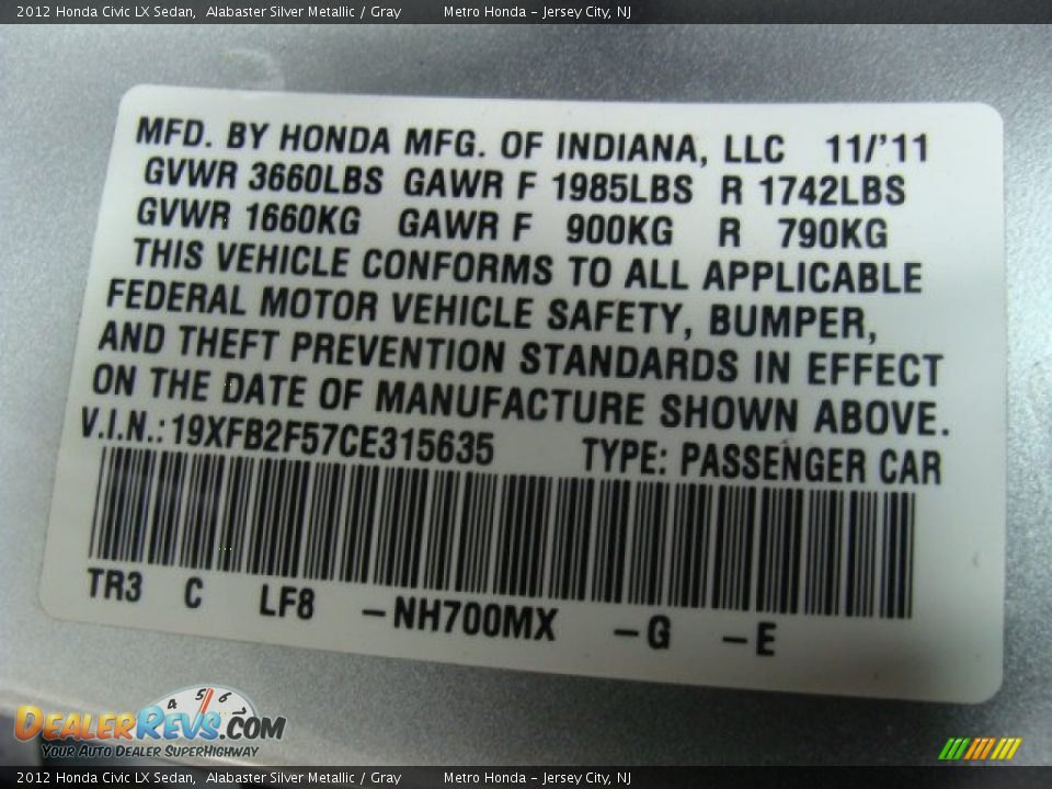 2012 Honda Civic LX Sedan Alabaster Silver Metallic / Gray Photo #29