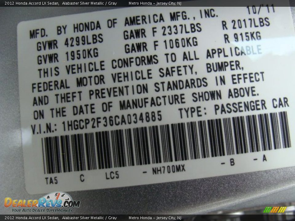 2012 Honda Accord LX Sedan Alabaster Silver Metallic / Gray Photo #27