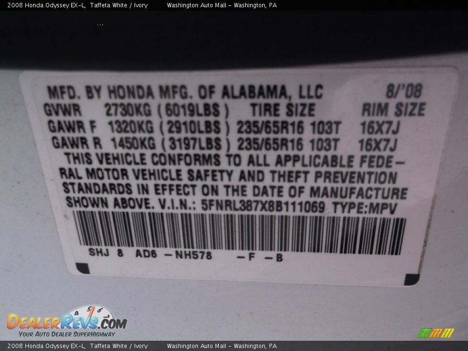 2008 Honda Odyssey EX-L Taffeta White / Ivory Photo #19