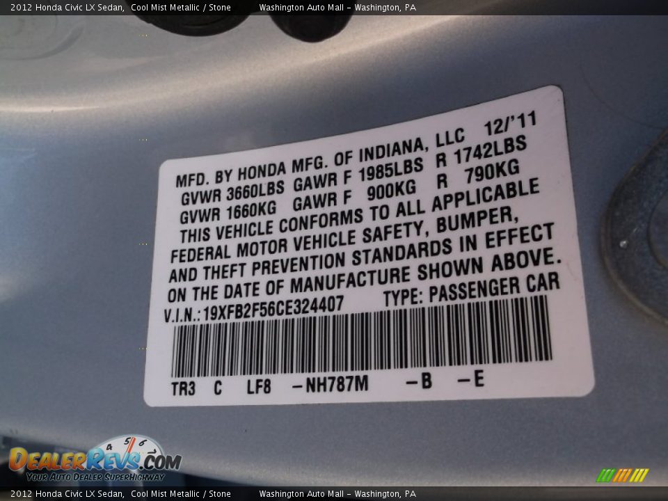 2012 Honda Civic LX Sedan Cool Mist Metallic / Stone Photo #19
