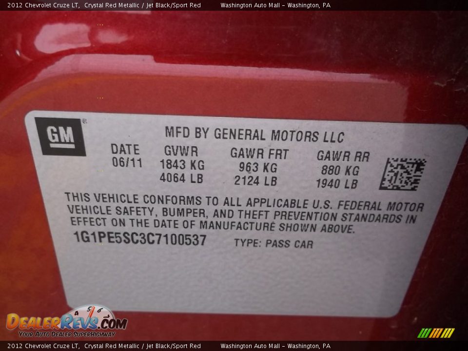 2012 Chevrolet Cruze LT Crystal Red Metallic / Jet Black/Sport Red Photo #19