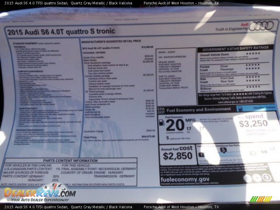 2015 Audi S6 4.0 TFSI quattro Sedan Quartz Gray Metallic / Black Valcona Photo #32