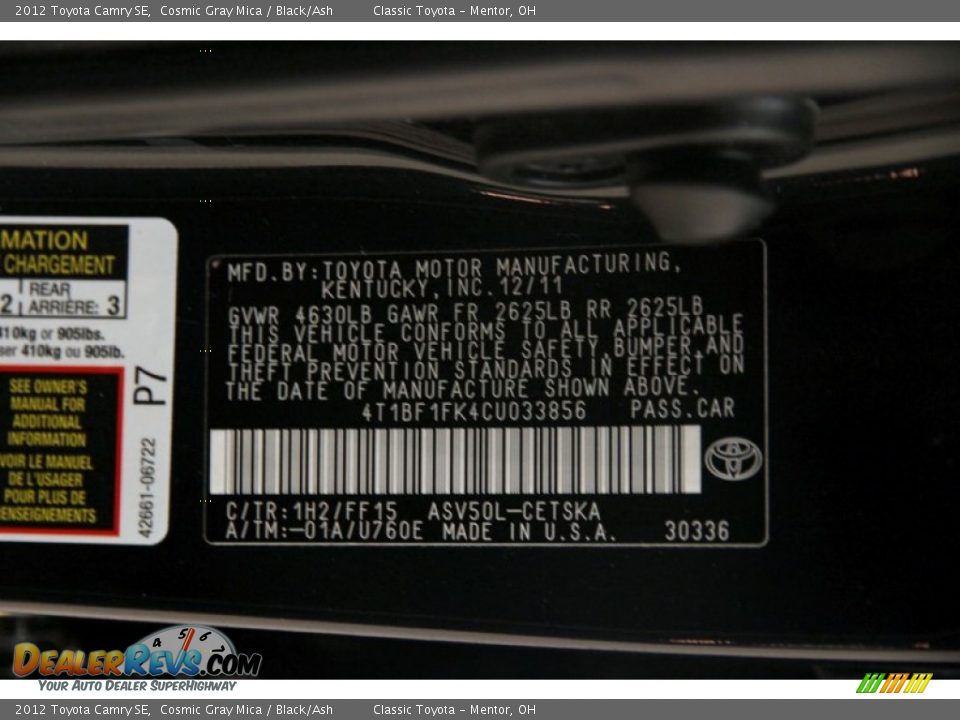 2012 Toyota Camry SE Cosmic Gray Mica / Black/Ash Photo #18