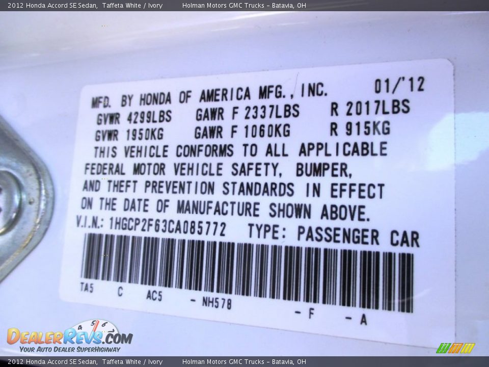 2012 Honda Accord SE Sedan Taffeta White / Ivory Photo #4
