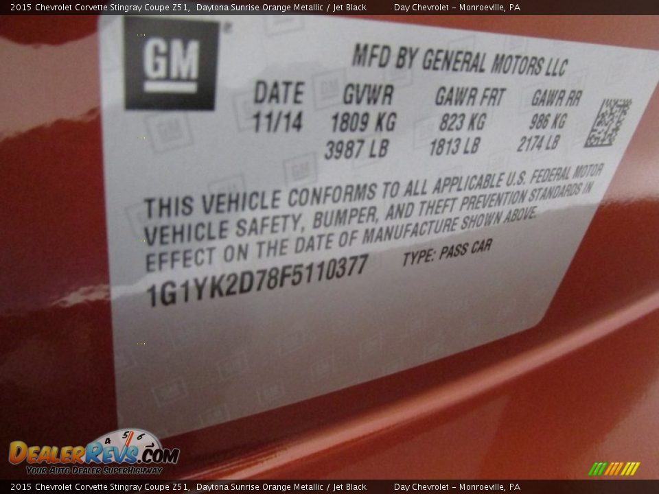Info Tag of 2015 Chevrolet Corvette Stingray Coupe Z51 Photo #19