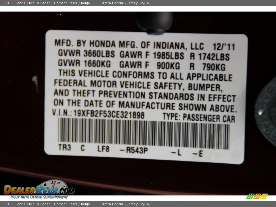 2012 Honda Civic LX Sedan Crimson Pearl / Beige Photo #32