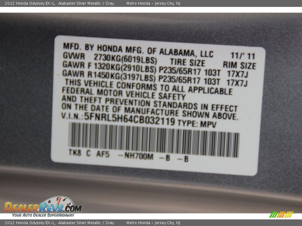 2012 Honda Odyssey EX-L Alabaster Silver Metallic / Gray Photo #35