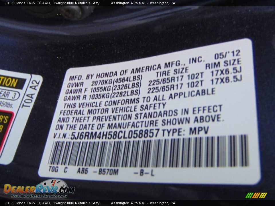 2012 Honda CR-V EX 4WD Twilight Blue Metallic / Gray Photo #19