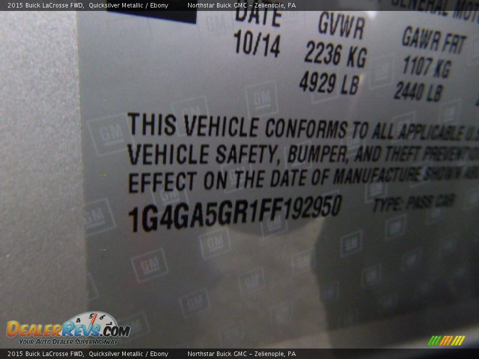 2015 Buick LaCrosse FWD Quicksilver Metallic / Ebony Photo #17